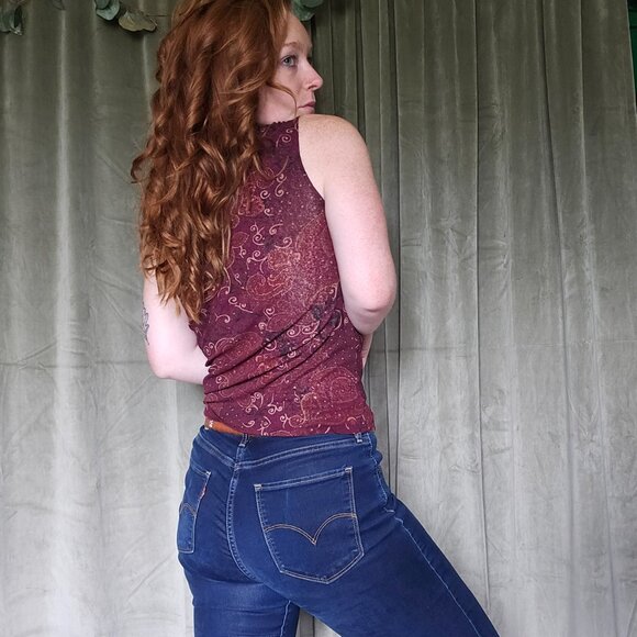 y2k Wet Seal Summery Sheer Red Paisley Cinched Slinky Sleeveless Blouse - Picture 4 of 7